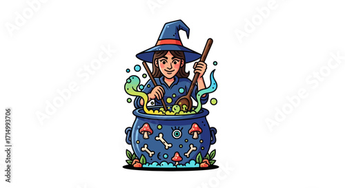 Cartoon Witch Stirring Bubbling Potion in Blue Cauldron.