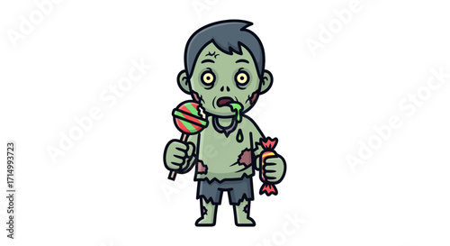 Cartoon Zombie Child Holding Candy and Lollipop.