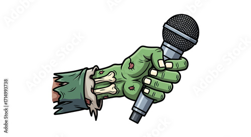 Green Zombie Hand Holding a Microphone with Exposed Bones.