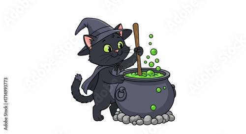 Cute Cartoon Black Cat Witch Stirring Bubbling Green Potion Cauldron.