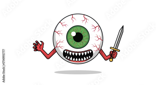 Cartoon Eyeball Character with Sword and Spooky Grin.