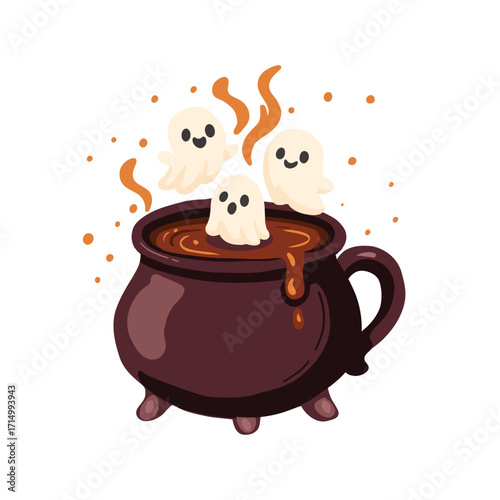 Halloween cauldron mug with hot chocolate and a ghost. Cute spooky beverage illustration for party invitations, menu design, packaging, stickers, and social media posts. Vector.