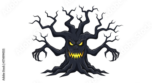 Spooky Halloween Monster Tree with Glowing Eyes and Sharp Claws.