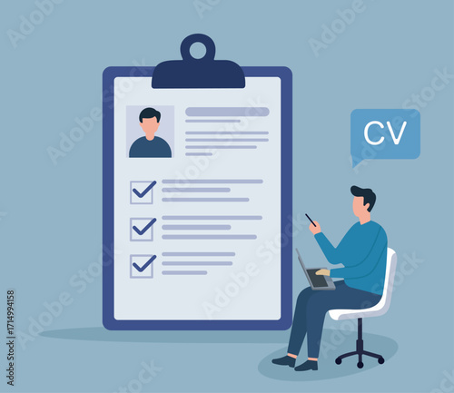 Modern flat vector showing CV review and job application process, highlighting qualifications, digital tools, and professional growth.