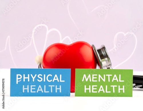 Red heart model, stethoscope, and tags for physical and mental health