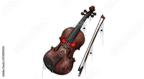 Detailed Brown Violin with Bow Musical Instrument Isolated.