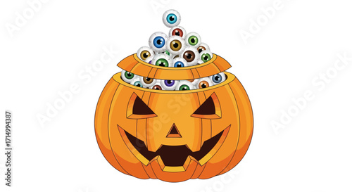 Spooky Jack-o-lantern overflowing with realistic eyeballs for Halloween.