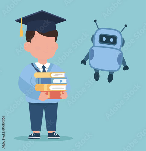 Celebrating learning and tech synergy—youthful achievement meets friendly AI in a playful, modern educational scene.