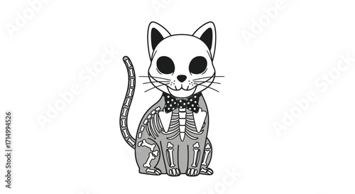 Whimsical Skeleton Cat Wearing a Bow Tie Cartoon Style.