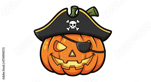 Cartoon Pirate Pumpkin with Carved Face and Hat.