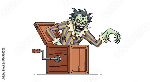 Creepy zombie monster popping out of a classic wooden jack-in-the-box toy.
