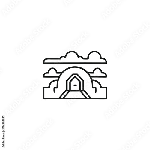 Minimalist presents an arched doorway shrouded by fluffy clouds in monochrome simplicity