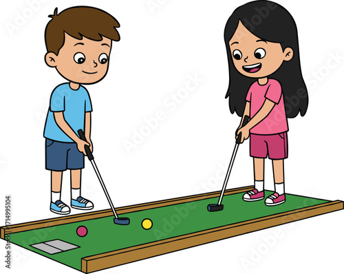 Children playing mini-golf, colorful cartoon illustration, fun outdoor activity, golf clubs, playful kids, skill game, happy moment, childhood coordination
