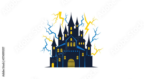 Spooky Gothic Castle with Lightning Strikes and Glowing Windows.