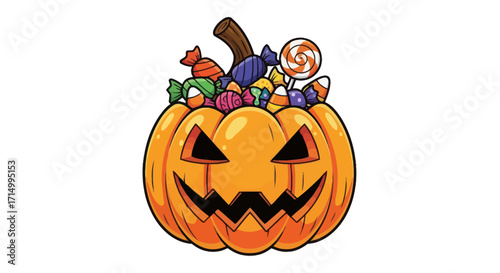 Cartoon Jack-o-Lantern Filled with Halloween Candies.