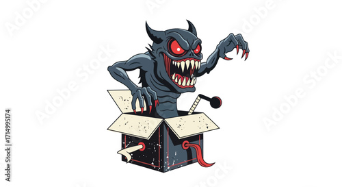 Cartoon Monster Jack-in-the-Box with Red Eyes and Sharp Teeth.