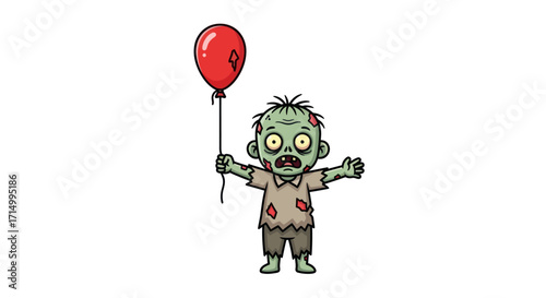 Cartoon Zombie Child Holding a Red Balloon Halloween Illustration.