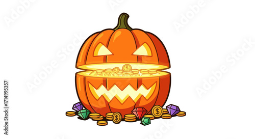 Halloween Pumpkin Filled with Candy Carved with a Smiling Face.