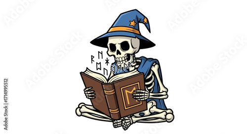 Cartoon Skeleton Wizard Reading an Ancient Spell Book.