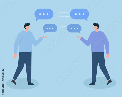Minimal flat vector showing two people in active dialogue, symbolizing connection, teamwork, and digital communication.