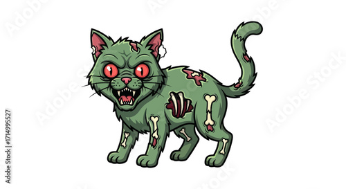 Cartoon Zombie Cat with Green Skin Red Eyes and Exposed Bones.