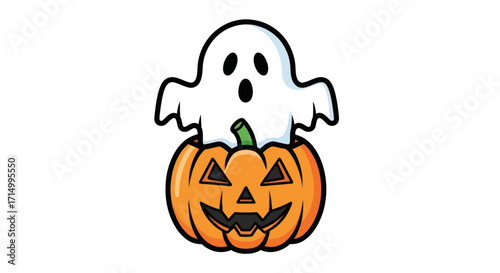 Spooky Ghost Emerging from a Carved Halloween Pumpkin.