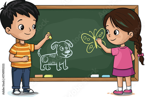 Children drawing on blackboard with chalk, kids learning in classroom, cartoon illustration, school education, creative art activity