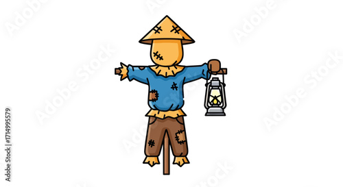 Cartoon Scarecrow with Lantern Straw Hat and Patched Clothing.
