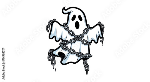 Spooky cartoon ghost character wrapped in heavy metal chains.