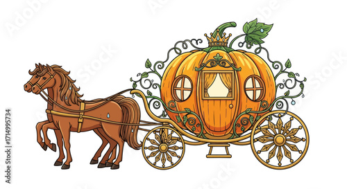Enchanting Pumpkin Carriage Pulled by a Brown Horse.