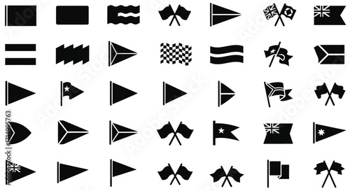 35 Unique Black flag icon Designs Including Pennants, Checkered Flags, Wavy Banners, and Symbolic Variations collection — Graphic Elements for UI and Thematic Branding 