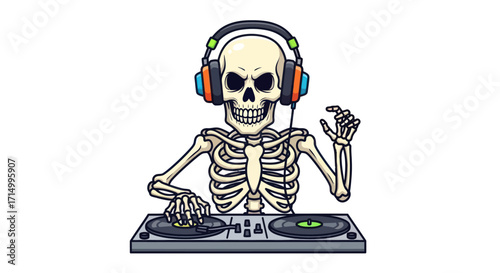 Skeleton DJ with Headphones and Turntable Cartoon Style.