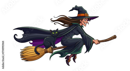 Whimsical Witch with Black Cat Flying on Broomstick.