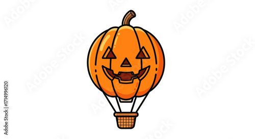 Cute Halloween Pumpkin Hot Air Balloon Cartoon Illustration.