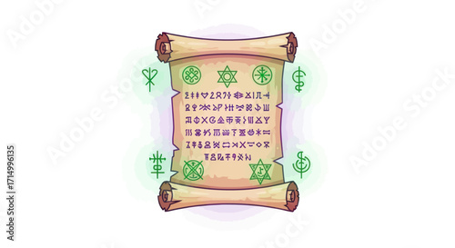 Ancient Scroll with Mystical Symbols and Rolled Edges.