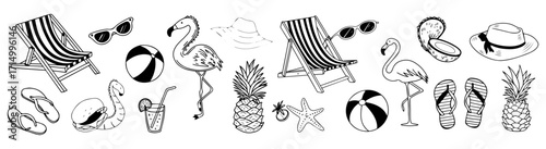Black and white summer vacation icons set. This collection of hand-drawn, black and white summer vacation icons creates a relaxed and idyllic mood.