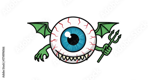 Cartoon Devil Eyeball with Wings and Trident.