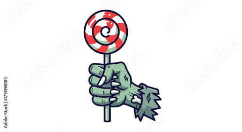 A cartoon zombie hand holding a red and white swirled lollipop.