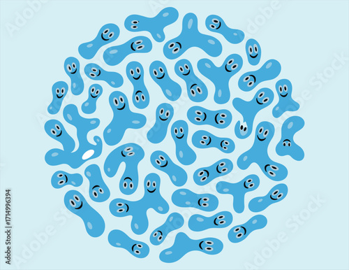 Blue cartoon microbes cluster, smiling cell characters, unique white germ, playful biology art, educational science design, inclusion concept