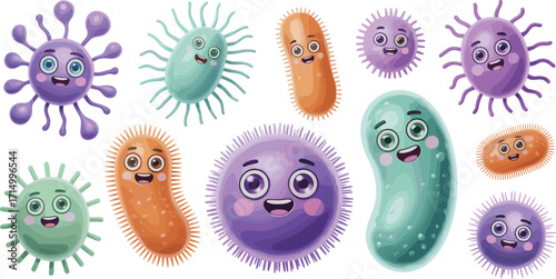 Cartoon microbes illustration, colorful bacteria characters, cute germs with faces, educational design, children’s science, playful biology concept