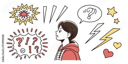 Young person looking confused with question marks, thinking, doubt, surprise, emotion, expression, young, person, boy, girl, illustration, and exclamation points confusion. 