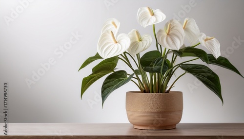 Wallpaper Mural Anthurium Plant With White Flowers Growing In Beige Pot On White Background Torontodigital.ca