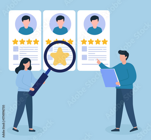 Flat vector showing candidate evaluation—profiles rated, analyzed, and selected through teamwork and detailed review.