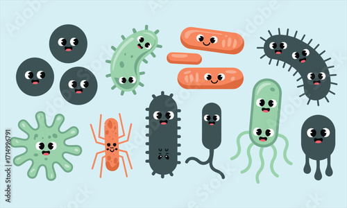 Cartoon bacteria illustration, colorful microbes with faces, playful germ characters, educational science art, children’s microbiology, infection concept