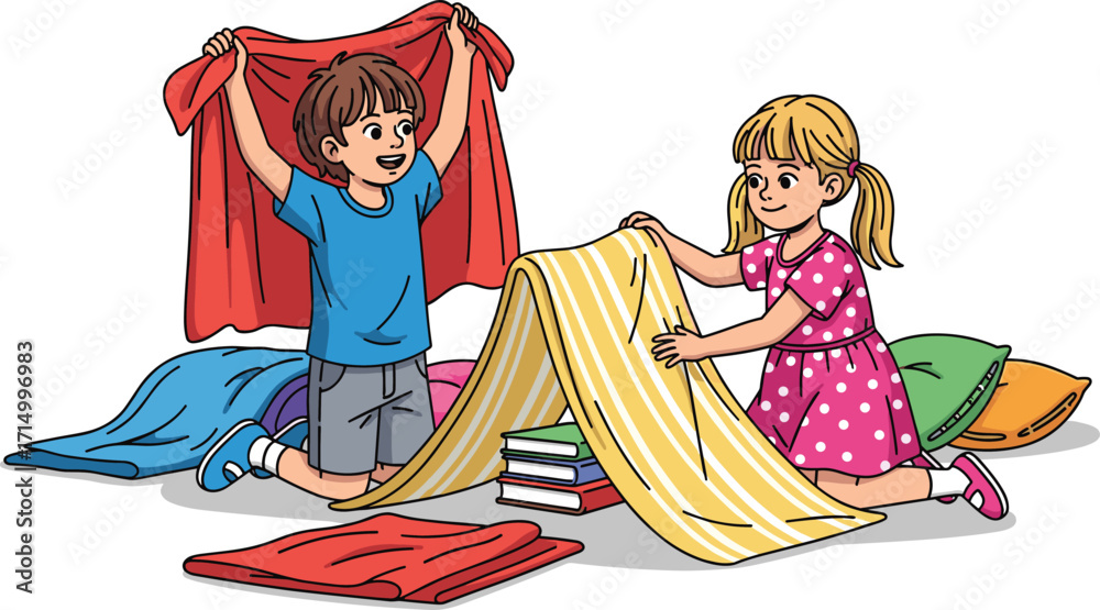 Obraz premium Children building indoor fort with blankets and pillows, kids playing pretend, cartoon illustration, creative playtime, fun childhood activity