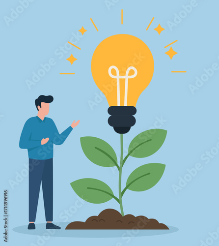 A glowing bulb sprouts from a plant, symbolizing the nurturing of ideas, innovation, and sustainable creativity through growth.