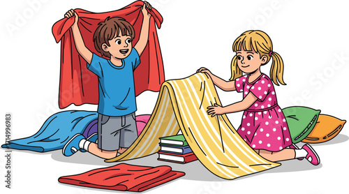 Children building indoor fort with blankets and pillows, kids playing pretend, cartoon illustration, creative playtime, fun childhood activity