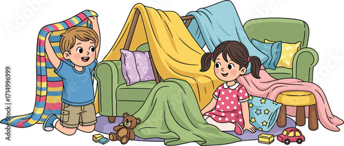 Happy kids building indoor fort with blankets and furniture, playful children playing pretend, cartoon illustration, creative childhood activity, cozy home playtime