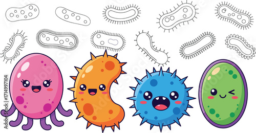 Cartoon bacteria illustration, black and white microbes, colorful germ characters, educational microbiology art, children’s science, playful infection concept
