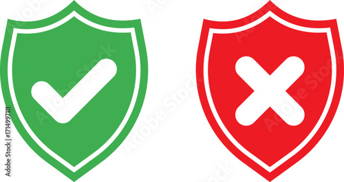 Green check mark shield and red cross shield icons